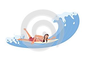 Woman rides the Barreled Rushing Waves or floating on paddle board