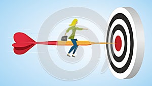 Woman riding on arrow for success to goal, dartboard. Vector illustration.