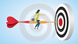 Woman riding on arrow for success to goal, dartboard. Vector illustration.