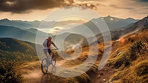 Woman riding bicycle on mountain trail, cyclist on sports bike at sunset