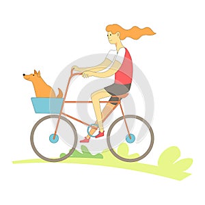 Woman riding bicycle with pet happy together vector