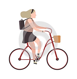 Woman riding on bicycle. Simple character cyclist girl rides on bike. Outdoor activities in park, healthy lifestyle