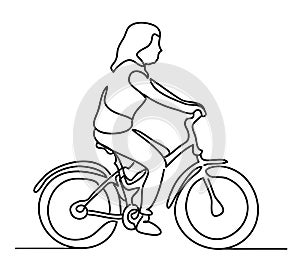 Woman riding a bicycle. Young girl wearing summer clothes. Vector monochrome, drawing by lines. Continuous line drawing