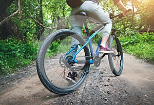 Woman riding a blue bicycle in forest in summer at sunset