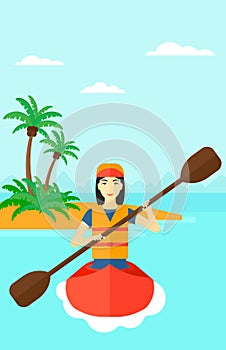Woman riding in canoe.