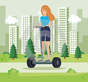 woman riding electric scooter and cityscpae photo
