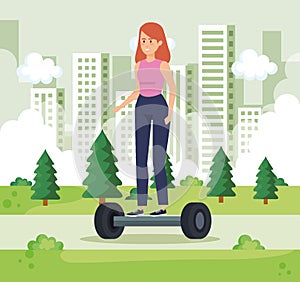 woman riding electric scooter in the urban park