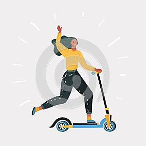 Woman riding fast modern electric kick scooter.