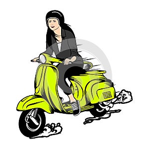 woman riding a green vespa vector