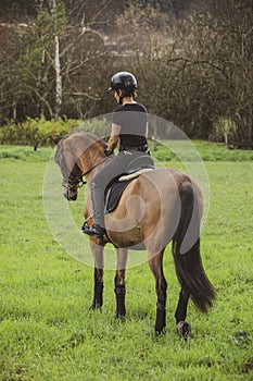 Woman riding her brown horse with black mane dressed in black with a helmet