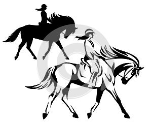 Woman riding horse black vector outline and silhouette