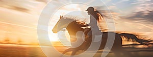 Woman riding a horse in blurred motion.