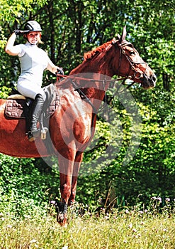 Woman riding horse in country