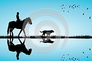 Woman riding a horse and dog