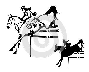 Woman riding horse in show jumping competition black and white vector design