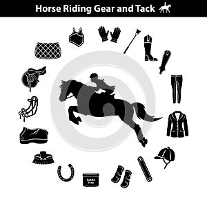 Woman Riding Horse Silhouette. Equestrian Sport Equipment Icons Set. Gear and Tack accessories. photo