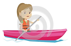 Woman riding in kayak vector illustration.