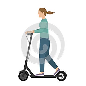 Woman riding kick scooter. Girl riding electric scooter.