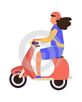 Woman riding on motorbike. Female drive motorcycle. City electric transport. Scooter advertising, delivery service