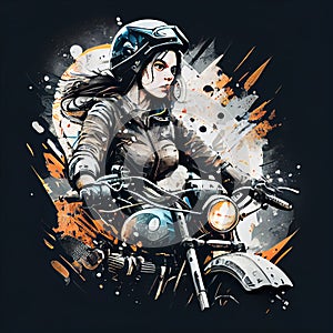 a woman riding a motorcycle with a helmet on her head and a paint splattered background behind her