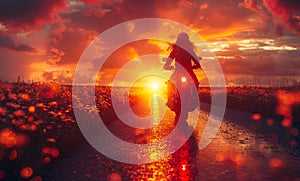 A woman is riding a motorcycle on a road at sunset. The sky is orange and the sun is setting