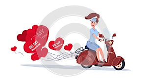 Woman Riding Retro Motor Bike With Heart Shaped Air Balloons Happy Valentines Day Concept