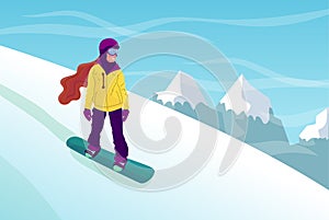 Woman riding snowboard down the hill, mountain landscape. Enjoying winter sport outdoors. Flat style stock vector illustration