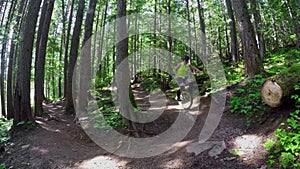 Woman riding unicycle in the forest 4k