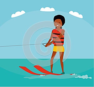 Woman riding waterski. Cartoon vector illustration. Sea tour. African american family. Flat cartoon illustration. Summer