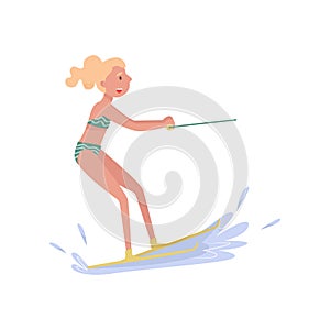 Woman riding waterski, extreme water sport cartoon vector Illustration on a white background