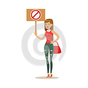 Woman In Ripped Jeans On Heels Marching In Protest With Banner, Screaming Angry, Protesting And Demanding Political