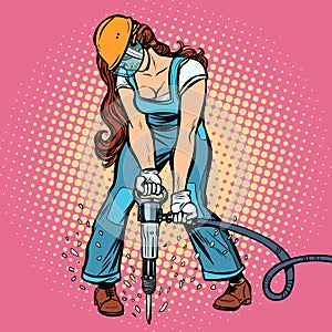 Woman road worker jackhammer