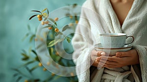 Woman in Robe Holding Cup and Saucer