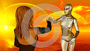 Woman and Robot at extraterrestrial planet- Artificial Intelligence Technology