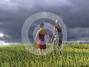 Woman and robot on green field