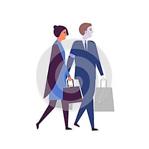 Woman and robotized assistant with shopping bags flat vector illustration. Robots in daily human life. AI helper photo