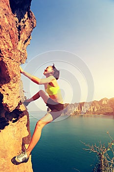 Woman rock climber climbing at seaside mountain rock wall
