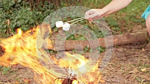 woman roes marshmallows on a fire. Sweet appetizing delicious treat on a stick. A fire in the fresh air, an active