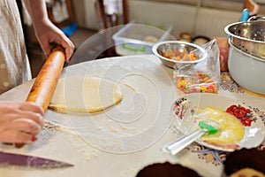 woman rolling out dough with rolling pin in kitchen
