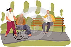 Woman rolls old man in wheelchair. Grandfather walks and sits in disabled carriage in city park