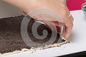 A woman rolls puff pastry with poppy seeds into a tube. For making puff pastry curls with poppy and walnut filling. Nearby on the