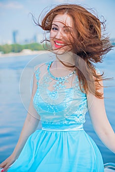 Woman in romantic blue dress, trends concept