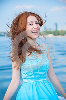 Woman in romantic blue dress, trends concept