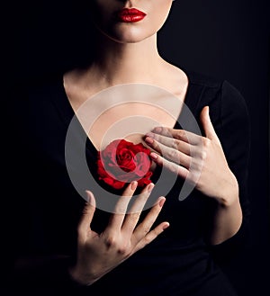 Woman with Rose Flower and Red Lips Make up over Black. Elegant Lady Fantasy Fine Art Close up Portrait. Beauty Model Hands