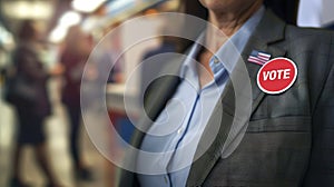 Woman with round VOTE badge and American flag on her blazer at a polling station. Concept of election day, voting