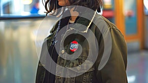 Woman with round VOTE badge on her jacket at a polling station. Concept of election day, voting awareness, elections