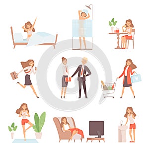 Woman daily routine. Lifetime of mother business lady breakfast working relax time office home vector characters