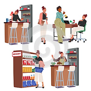 Woman Daily Routine Tasks. Breakfast, Waking to Office, Work, Shopping Groceries and Cooking Meals, Vector Illustration