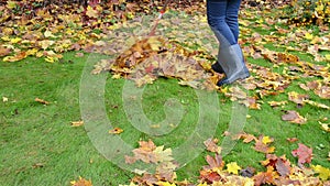Woman rubber boots jeans rake colorful autumn maple tree leaf