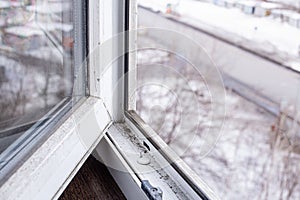 A woman in a rubber glove points to the mold. Plastic window and window sill in mold and dirt. Fungus and dampness at the wet